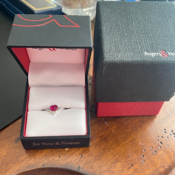 Heart-Shaped Created Ruby & Diamond Chevron Ring in Sterling Silver - Picture 4 of 5